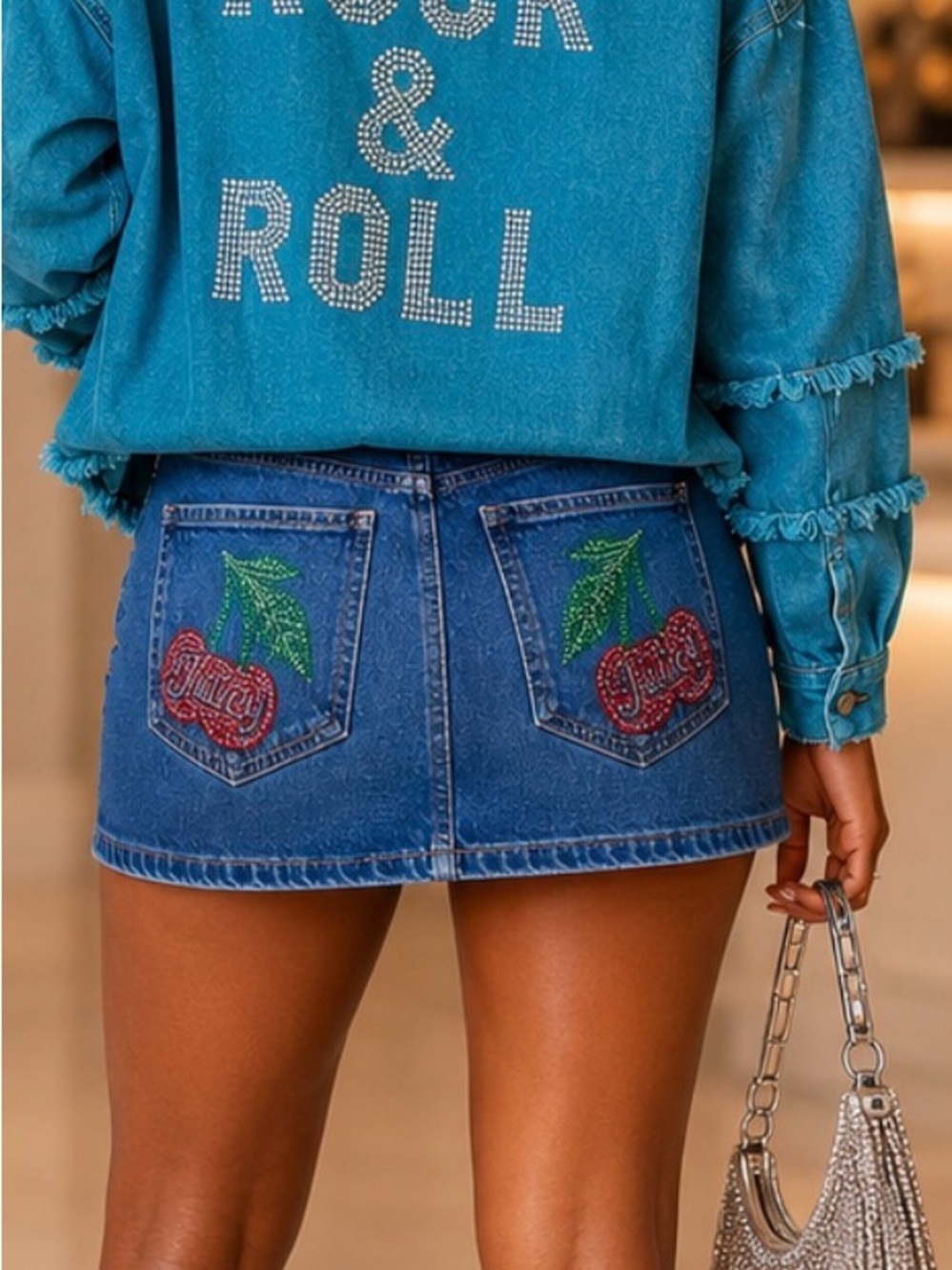 Juicy Couture Rhinestone Cherry Denim Mini Skirt NWOT Size 1/25 Y2K